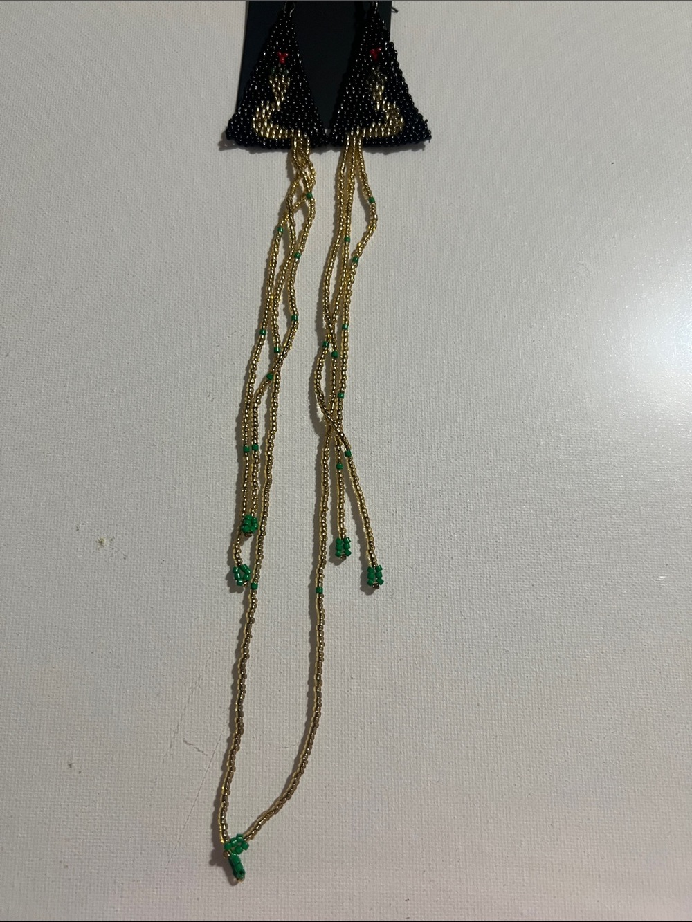 Gold Chain Tassel Earrings with Green Bead Accents